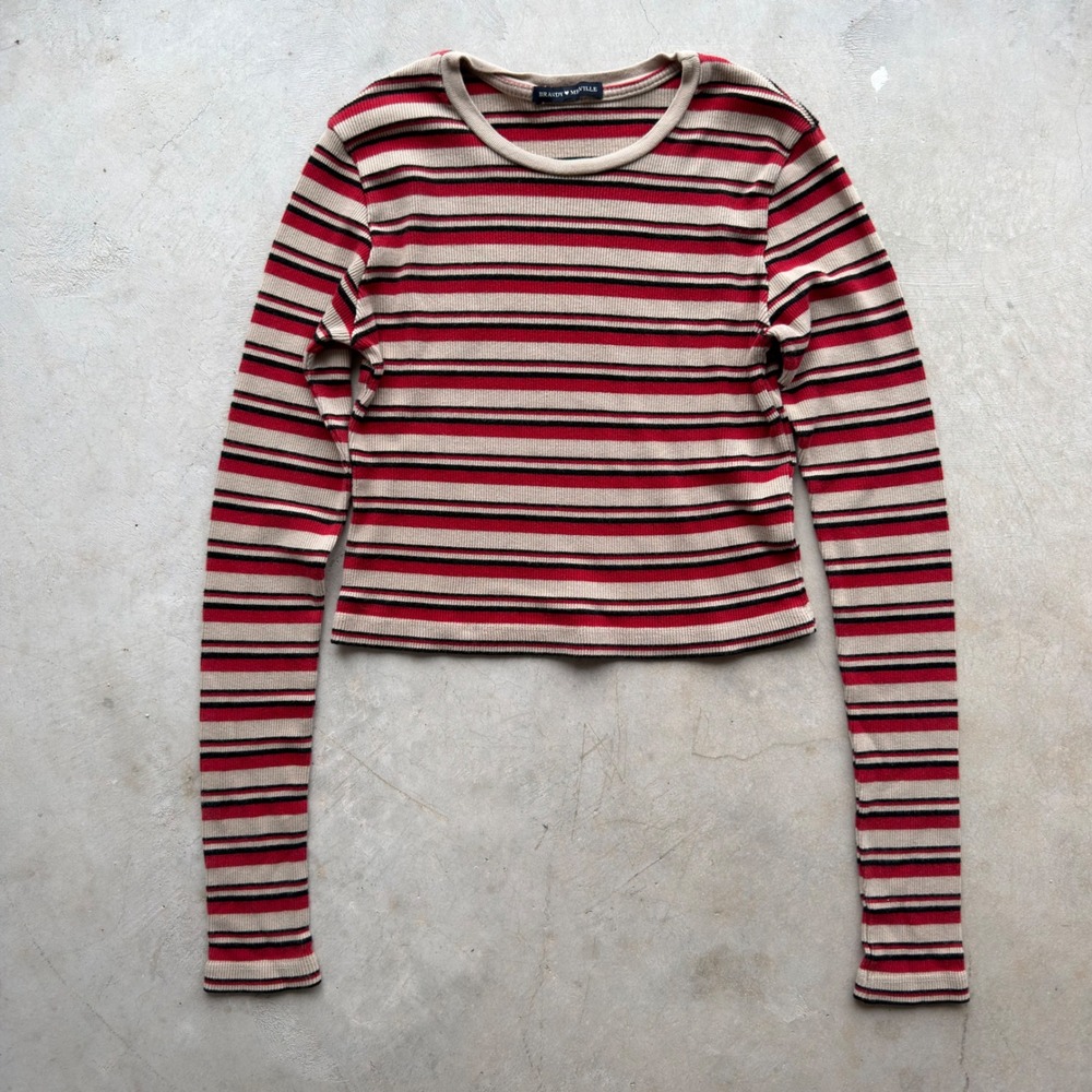 Brandy Melville Striped Ribbed Cropped Long Sleeve Top Red Black Tan One Size